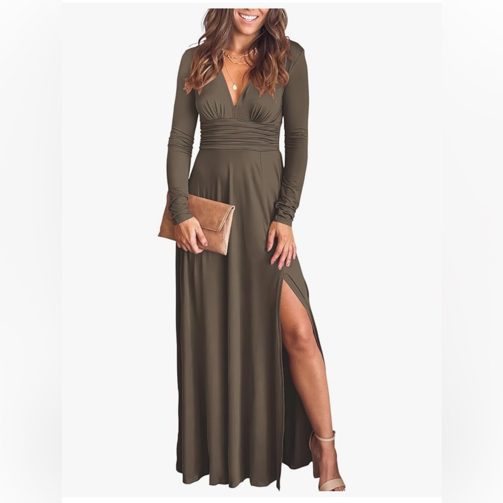 Brown Long-Sleeved Deep V Maxi Dress